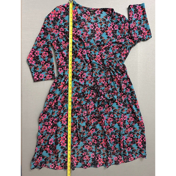Cheztu Womens‎ Dress 12 Turquoise Blue Pink Floral Faux Wrap Ruffle Cottagecore - Picture 13 of 16
